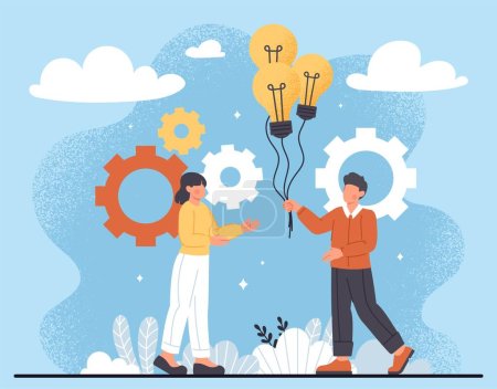 Illustration for Business idea creativity. Man gives woman light bulb. Brainstorming and insight, idea for start up. Entrepreneur and investor. Creative mind concept. Cartoon flat vector illustration - Royalty Free Image