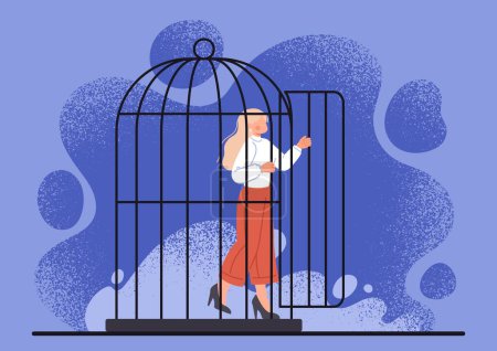 Illustration for Freedom and liberation. Woman comes out of black cage. Inner prisoner with mental and psychological problems. Mindfulness and self development. Cartoon flat vector illustration - Royalty Free Image