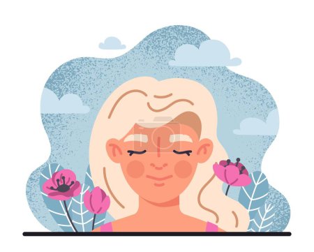 Illustration for Woman head with flowers. Beauty, elegance and aesthetics, tenderness. Poster or banner for website. Mindfulness and wellbeing, mental health. Cartoon flat vector illustration - Royalty Free Image