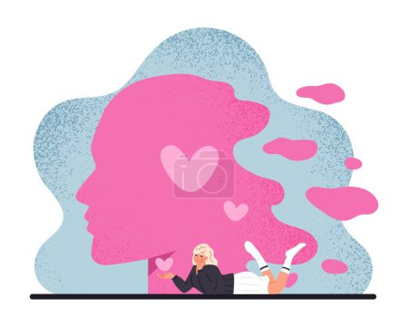 Illustration for Woman with abstract head silhouette. Girl lies with heart in hands, acceptance, positivity and optimism. Graphic element for website. Mental health and awareness. Cartoon flat vector illustration - Royalty Free Image