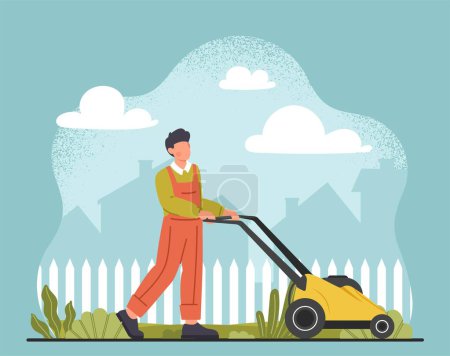 Illustration for Lawn mowing concept. Man with lawnmower in backyard of private property. Worker in uniform, employee cutting grass. Machine and tool with blade. Cartoon flat vector illustration - Royalty Free Image