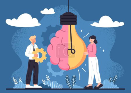 New idea concept. Man and woman near light bulb with mind. Creative individuals brainstorming. Illumination and idea. Innovations, start up and business projects. Cartoon flat vector illustration