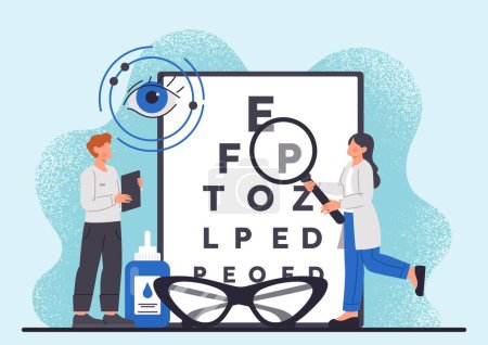 Concept of ophthalmologist. Man and woman with loupe near glasses and letters. Correction of vision and selection of diopters. Optical eyes test, spectacles. Cartoon flat vector illustration