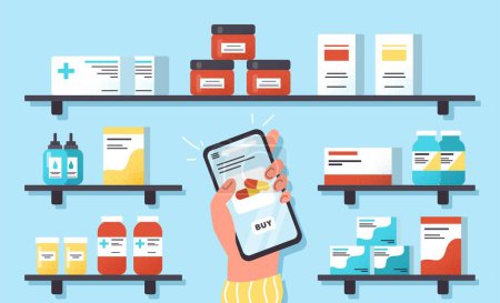 Illustration for Pharmacy shop facade. Character with smartphone in his hand looks at medicines, pills, creams and sprays. Chemistry and pharmaceuticals. Advertising poster or banner. Cartoon flat vector illustration - Royalty Free Image