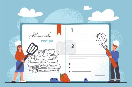 Recipe book concept. Man with mixer and woman with spatula, novice cooks write down ingredients. Preparation steps for pancake with berries. Preparation and learning. Cartoon flat vector illustration