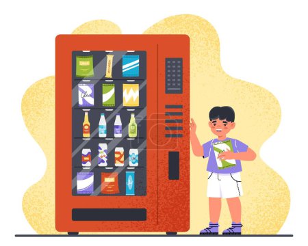 Illustration for Snack vending machine. Boy with chips in his hands looks at chocolate bars and soda at machine. Trade and advertising, marketing. Ssandwich, biscuit and juice. Cartoon flat vector illustration - Royalty Free Image