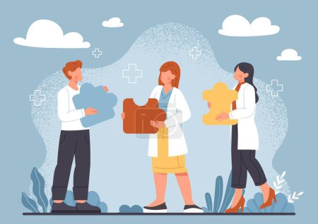 Illustration for Team of doctors. Man and women in medical coats with puzzles. Specialists make diagnosis and choose method of treatment. Healthcare poster or banner. Cartoon flat vector illustration - Royalty Free Image