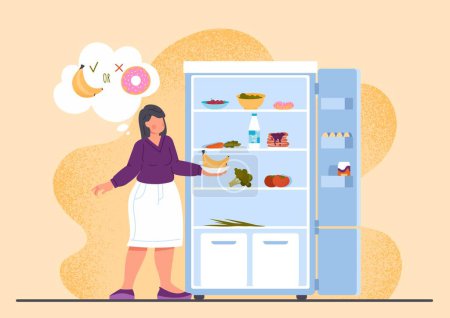 Illustration for Unhealthy fat woman. Young girl near refrigerator chooses between banana and donut, sweetness in pink icing. Health care and diet. Right nutrition and eating. Cartoon flat vector illustration - Royalty Free Image