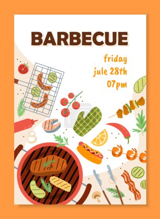 Illustration for Barbecue flyer template. Grill with meat and sausages, vegetables. Dinner or breakfast outdoor. BBQ and picnic. Design of invintation postcard. Cartoon flat vector illustration - Royalty Free Image