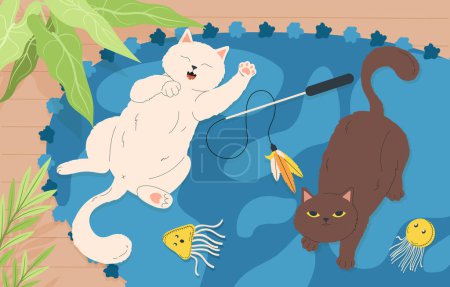Illustration for Cats relaxing at home. White kitten lies on its back, brown pet plays with toys on string. Comfort and coziness in apartment. Domestic animals resting. Cartoon flat vector illustration - Royalty Free Image