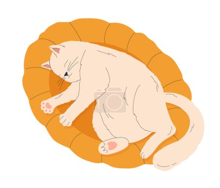 Illustration for Cat resting at pillow. White kitten lies on its side and sleeps at yellow cushion. Fluffy pet relaxing in apartment. Poster or banner for website. Cartoon flat vector illustration - Royalty Free Image