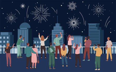 Illustration for Celebration firework concept. Men and women stand on bridge and look at night sky with flashes and explosions. Holiday and festival. Party at city or town. Cartoon flat vector illustration - Royalty Free Image