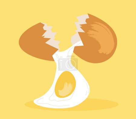 Ilustración de Huevo de gallina roto. Etapas de cocinar huevos revueltos. Concha con yema y proteína. Productos naturales y orgánicos, ingrediente. Desayuno y cena. Dibujos animados ilustración vector plano - Imagen libre de derechos