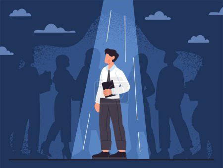 Illustration for Chosen candidate concept. Man in suit with notebook stands in beam of light against background of crowd of people. Candidate for job, talented employee. Cartoon flat vector illustration - Royalty Free Image
