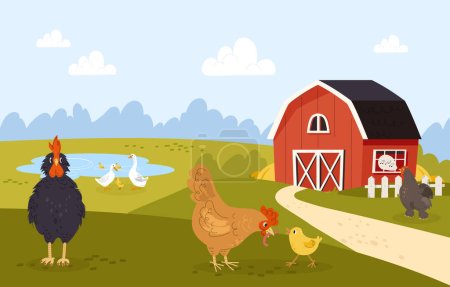 Illustration for Cute farm background. Hens with chickens on background of barn and lake. Livestock, cattle and domestic animals and birds. Farming and agriculture. Cartoon flat vector illustration - Royalty Free Image