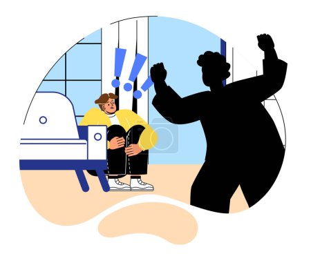 Illustration for Domestic violence concept. Boy hiding from evil father. Man beats up children. Fear and panic. Family conflict situations. Person attacked kid sitting on floor. Cartoon flat vector illustration - Royalty Free Image