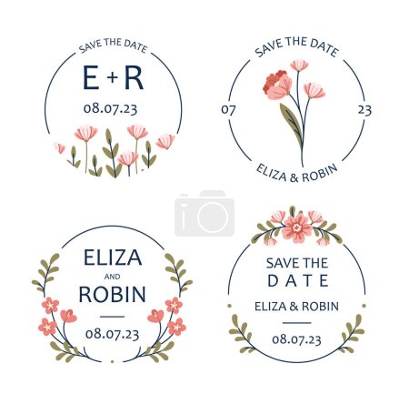 Illustration for Floral wedding logo set. Collection of round logotypes with flowers. Design element for invitation postcard. Template, layout and mock up. Flat vector illustrations isolated on white background - Royalty Free Image