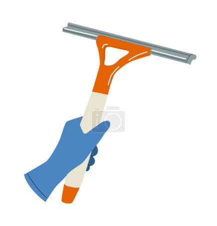 Illustration for Hand in rubber gloves. Womans hand with window cleaning scraper. Cleanliness and hygiene, household chores. Sticker for social networks and messengers. Cartoon flat vector illustration - Royalty Free Image
