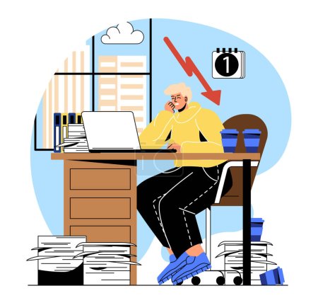Illustration for Sad employee at workplace. Tired employee at workplace, overworked manager in office. Poor time management and inefficient workflow. Man suffer from paperwork. Cartoon flat vector illustration - Royalty Free Image