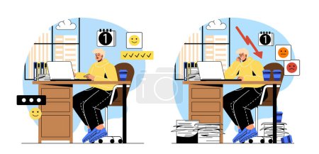 Illustration for Happy and tired employee. Comparison of positive and negative worker in office. Efficient and inefficient workflow, overworked and tired manager. Cartoon flat vector illustration - Royalty Free Image