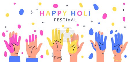 Téléchargez les photos : Heureux Holi Festival. Mains avec de la peinture jaune pourpre et bleue sur fond de taches. Vacances traditionnelles indiennes. Élément de conception pour carte postale de voeux. Illustration vectorielle plate de bande dessinée - en image libre de droit