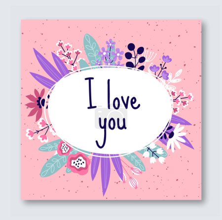 Illustration for I love you floral card. Greeting postcard for Valentines day and wedding. Poster or banner for website. Blooming plants and blossom colorful flowers. Cartoon flat vector illustration - Royalty Free Image