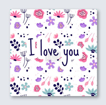 Illustration for I love you floral card. Greeting postcard for Valentines day and wedding. Seamless pattern and repeating ornament with flowers. Blossom and blooming plants. Cartoon flat vector illustration - Royalty Free Image