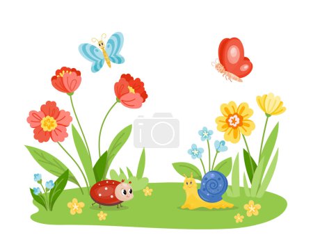 Illustration for Insects in nature. Ladybug and snail on grass. Dragonfly and butterfly fly near flowers. Spring and summer time of year. Flora and fauna, nature and wild life. Cartoon flat vector illustration - Royalty Free Image