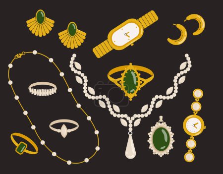 Illustration for Set of jewerly. Collection of gold earrings, bracelets and chains with lamaze. Luxury and wealth. Elegant accessories for women. Cartoon flat vector illustrations isolated on black background - Royalty Free Image