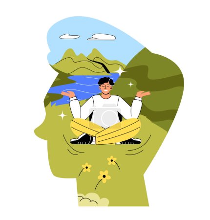 Illustration for Mental wellness concept. Man sits in lotus position on lawn and meditates. Mental health and psychology. Mindfulness and inner peace, harmony and balance. Cartoon flat vector illustration - Royalty Free Image