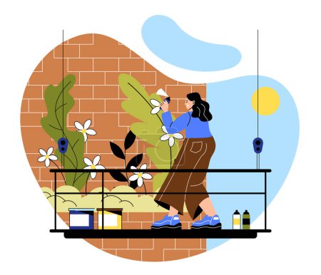 Illustration for Mural painter concept. Woman stands on stairs and draws flowers on brick wall. Street and wall art. Creator young girl at work outdoor. Street creative artist. Cartoon flat vector illustration - Royalty Free Image