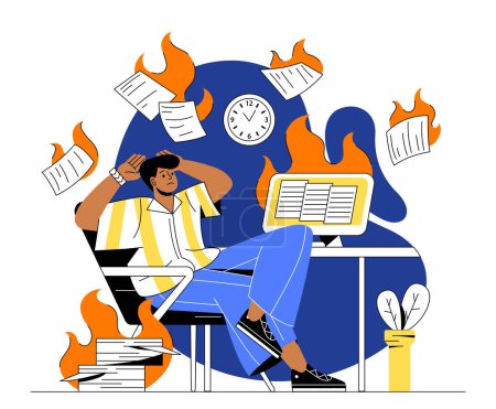 Ilustración de Concepto de estrés en oficina. El hombre se sienta en un sillón cerca de papeles quemados. Flujo de trabajo ineficiente y mala gestión del tiempo. Presión límite, pánico y estrés. Dibujos animados ilustración vector plano - Imagen libre de derechos