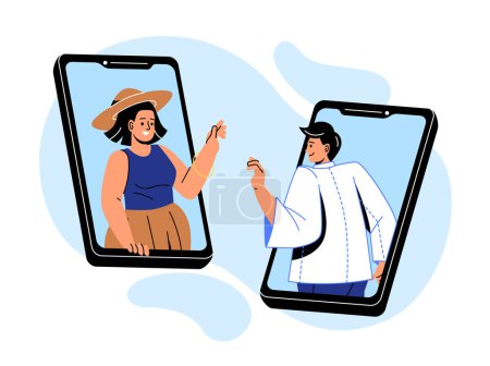 Illustration for People on phones. Man and woman wave their hands to each other at smartphone screen. Communication in social networks and instant messengers. Online romantic date. Cartoon flat vector illustration - Royalty Free Image