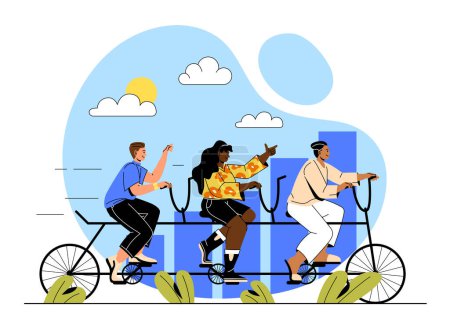 Ilustración de Concepto exitoso de trabajo en equipo. Hombres y mujeres montan en bicicleta sobre el fondo de gráficos y diagramas. Colegas, empleados y socios. Colaboración y cooperación. Dibujos animados ilustración vector plano - Imagen libre de derechos