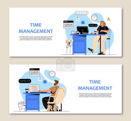 Illustration for Time management banners. Man and woman sitting at table near computer and laptop. Organization of effective workflow. Planning and goal setting. Landing page design. Cartoon flat vector illustration - Royalty Free Image