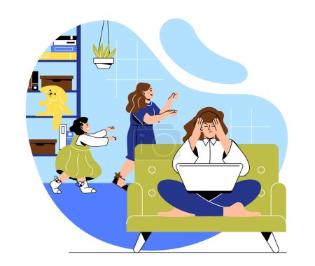 Illustration for Tired mothers trying to work. Woman sits with laptop in apartment and holds her head against background of girls. Difficulties of freelancer and remote employee. Cartoon flat vector illustration - Royalty Free Image