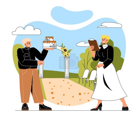 Illustration for Wedding planners preparing. Man with cake and woman with list. Service of organization of events and holidays. Team of managers check purchases to ceremony. Cartoon flat vector illustration - Royalty Free Image