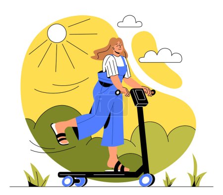 Woman on scooter. Young girl in overalls on scooter against background of trees and bushes. Character resting in park in summer or spring season. Cartoon flat vector illustration