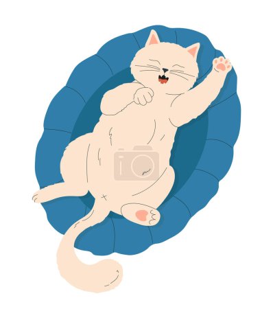 Illustration for Cat resting at pillow. White kitten lies on its back and sleeps at blue cushion. Domestic animal stretching in home. Charming pet indoor. Comfort and coziness. Cartoon flat vector illustration - Royalty Free Image