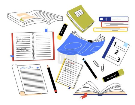 Illustration for Line books set. Education, learning and training, library. Knowledge and information. Textbook anad fiction with markers and lists. Doodle flat vector collection isolated on white background - Royalty Free Image