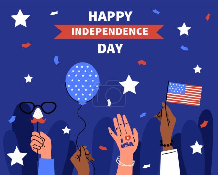 Illustration for Happy independence day. Hands with USA flag, traditional american holiday. United states of America festival 04 July. Freedom and democracy, patriotism. Doodle flat vector illustration - Royalty Free Image