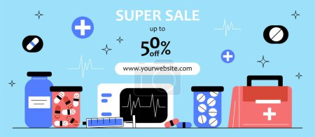 Illustration for Medical center sale banner. Medicines and pills, cardiogram. Advertising poster or banner, marketing. Discounts and promotions in pharmacy for painkillers. Doodle flat vector illustration - Royalty Free Image
