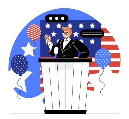 Illustration for Presidents day concept. Candidate stands behind speaker stand with microphone against background of American flag. Election campaign and debates, young politician. Doodle flat vector illustration - Royalty Free Image