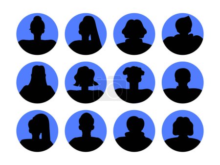 Ilustración de Conjunto de siluetas avatar. Rostros de hombres y mujeres. Avatares para redes sociales y mensajeros, diseño para aplicación móvil o programa. Dibujos animados colección vector plano aislado sobre fondo blanco - Imagen libre de derechos