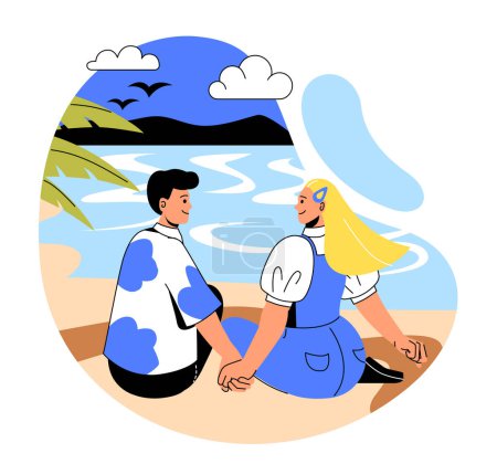 Téléchargez les illustrations : Rendez-vous romantique à la plage. Homme et femme s'assoient sur la plage en été et se tiennent la main. Les gens et les jeunes couples heureux en vacances ou en vacances dans un pays tropical et exotique. Illustration vectorielle plate Doodle - en licence libre de droit