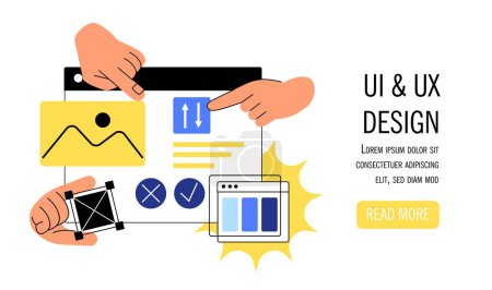 Ilustración de Banner de diseño UI y UX. Desarrollo de elementos gráficos para sitio web o aplicación móvil. Trabajo independiente y de diseño. Interfaz y contenido para la página web. Ilustración de vectores planos Doodle - Imagen libre de derechos