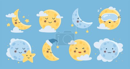 Illustration for Weather elements set. Crescent and moon with clouds, sun. Symbols of day and night. Pack of stickers for social networks and messengers. Cartoon flat vector collection isolated on blue background - Royalty Free Image
