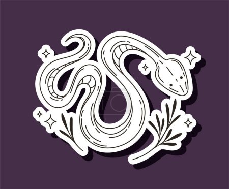 Ilustración de Pegatina de serpiente de alquimia. Icono de línea para el sitio web. Misticismo y esoterismo, ocultismo. Magia y hechicería, brujería. Cartel o pancarta. Ilustración lineal vectorial plana aislada sobre fondo violeta - Imagen libre de derechos
