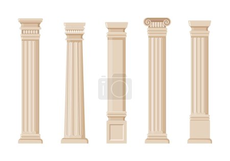 Illustration for Ancient columns set. Marble structures, old Greece architecture. Archeology and paleontology, history. Luxurious and beautiful building. Cartoon flat vector collection isolated on white background - Royalty Free Image