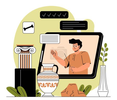 Illustration for Archaeologist online service. Man in glasses and beige Tshirt with pointer evaluating vases. Archeology and paleontology, history, research of fossils and treasure. Linear flat vector illustration - Royalty Free Image